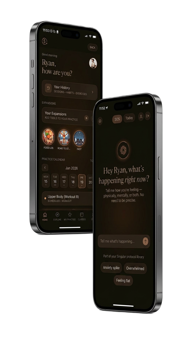 Singular App — two iPhone screens showing the daily practice guide and adaptive check-in